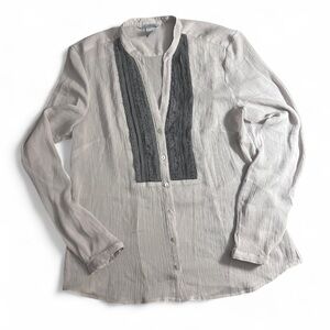 H&M Gray Textured Sheer Blouse w Charcoal pleating & Mother of Pearl Buttons